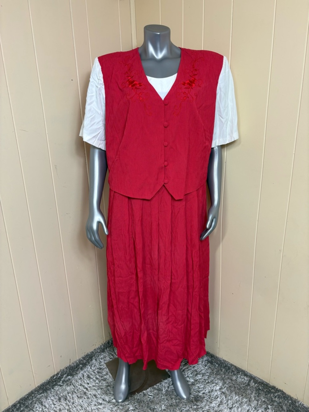 Allison-Che Vintage Dress Womens 24W Red Gingham Embroidered Flower White Top